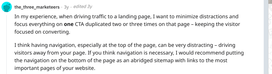 Reddit screenshot about navigation being distracting